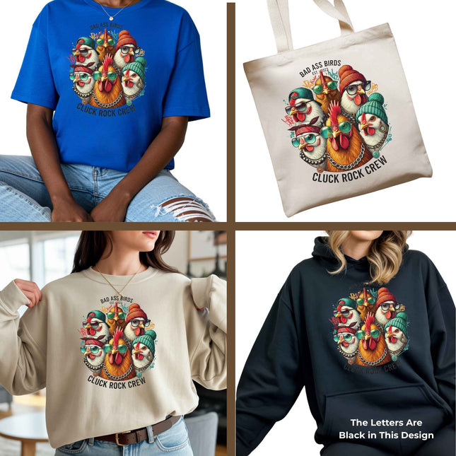 Cluck Rock Crew 9-Piece Bundle for Crafters & DIY – 3 Eco-Solvent + 3 Sublimation Transfers (Ready to Press) + 3 Matching 2” Stickers