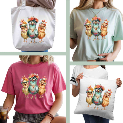 Floral Glasses Chick Trio 6-Pack DIY Bundle – 3 Eco-Solvent Iron-On Heat Transfers + 3 Sublimation Iron-On Heat Transfers, Ready to Press. Bonus: 4 Matching 2-Inch Stickers