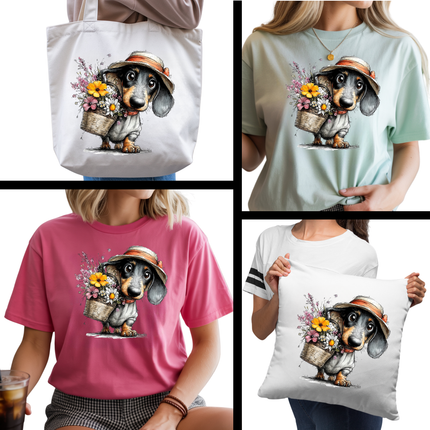 Bloom Basket Dachshund 6-Pack Ready-to-Press DIY Bundle – 3 Eco-Solvent + 3 Sublimation Iron-on Heat Transfers with 4 Bonus 2-Inch Stickers