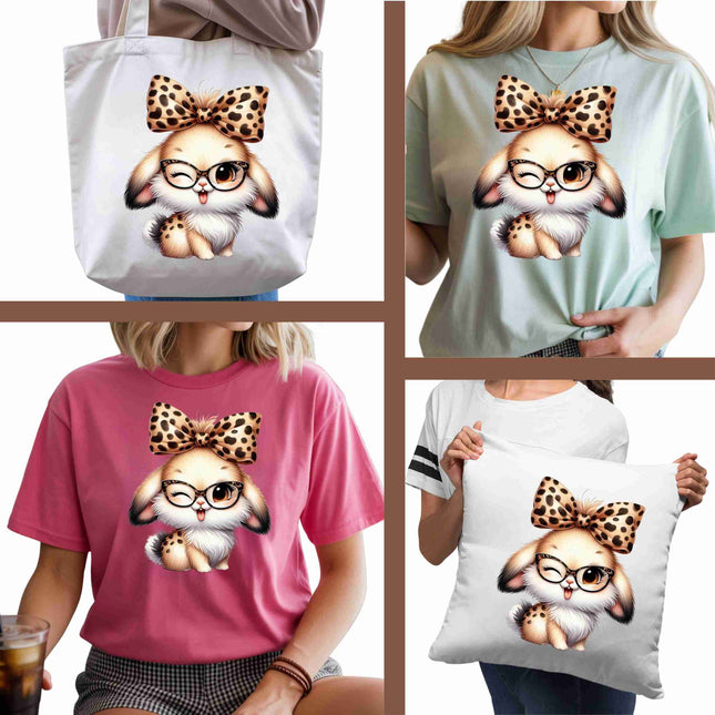 Leopard Bow Bunny Cutie 6-Pack DIY Bundle – 3 Eco-Solvent Iron-On Heat Transfers + 3 Sublimation Iron-On Heat Transfers, Ready to Press. Bonus: 4 Matching 2-Inch Stickers