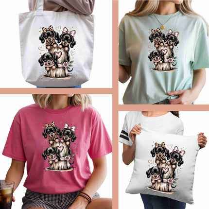 Bow-Tied Puppy Trio 6-Pack DIY Bundle – 3 Eco-Solvent Iron-On Heat Transfers + 3 Sublimation Iron-On Heat Transfers, Ready to Press. Bonus: 4 Matching 2-Inch Stickers