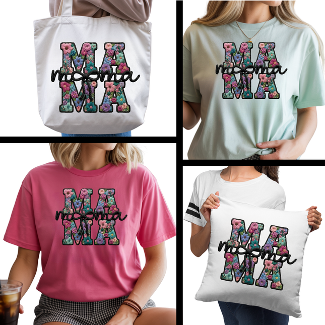 Floral Mama Black Monogram 6-Pack Ready-to-Press DIY Bundle – 3 Eco-Solvent + 3 Sublimation Iron-on Heat Transfers with 4 Bonus 2-Inch Stickers