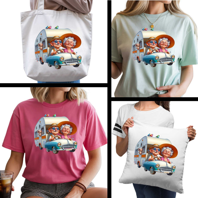 Golden Years Road Trip 6-Pack Ready-to-Press DIY Bundle – 3 Eco-Solvent + 3 Sublimation Heat Transfers with 4 Bonus 2-Inch Stickers