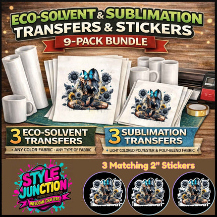 Butterfly Veil Beauty 9-Piece Bundle for Crafters & DIY – 3 Eco-Solvent + 3 Sublimation Transfers (Ready to Press) + 3 Matching 2” Stickers