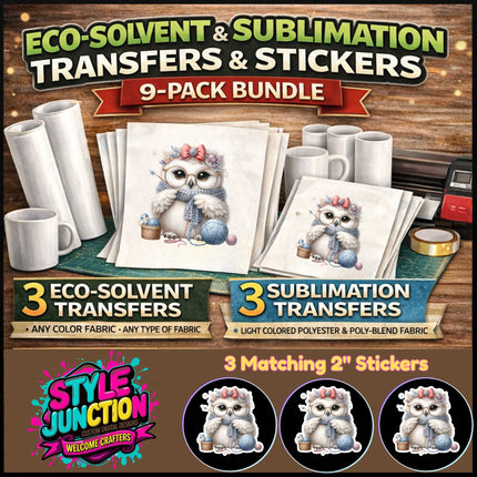 Sewing Owl 9-Piece Bundle for Crafters & DIY – 3 Eco-Solvent + 3 Sublimation Transfers (Ready to Press) + 3 Matching 2” Stickers
