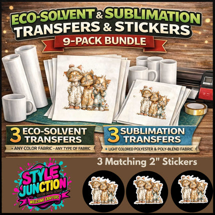 The Curious Crew DIY Creator 9-Piece Bundle – 3 Eco-Solvent Apparel Transfers, 3 Sublimation Transfers & 3 Matching Stickers