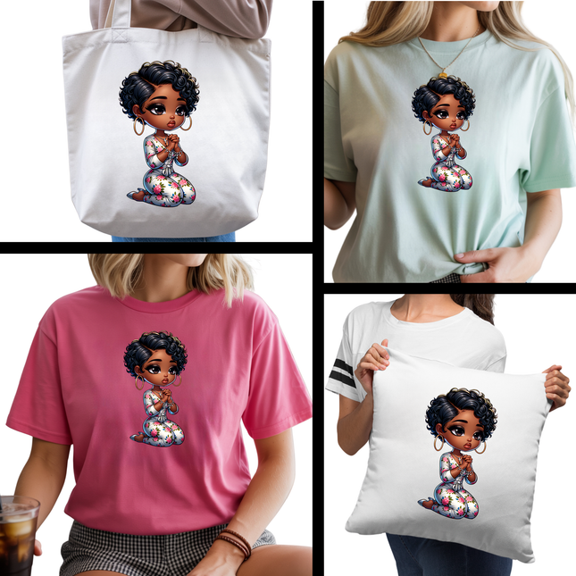 Prayer Blossom Cutie  6-Pack Crafter’s & DIY Bundle – 3 Eco-Solvent + 3 Sublimation Ready-to-Press Iron-On Heat Transfers for T-Shirts, Tote Bags & More, + Bonus 4 Matching 2-Inch Stickers