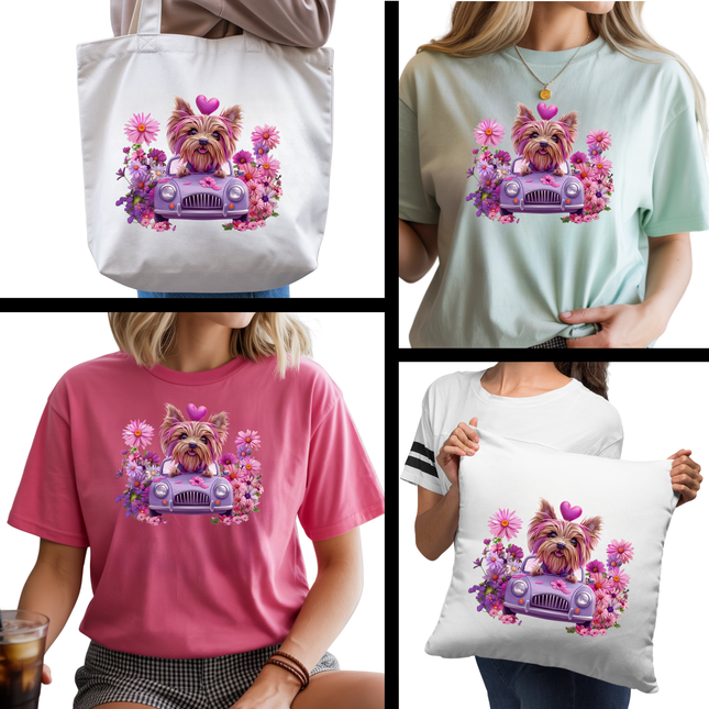 Petal Cruiser Yorkie 3 Eco-Solvent Iron-On Heat Transfers + 3 Sublimation Iron-On Heat Transfers, Ready to Press. Bonus: 4 Matching 2-Inch Stickers