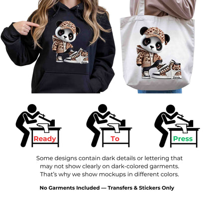 Streetwear Panda 6-Pack Crafter’s & DIY Bundle – 3 Eco-Solvent + 3 Sublimation Iron-On Heat Transfers, Ready to Press, for T-Shirts & More (Includes 4 Bonus Matching 2” inch Stickers).