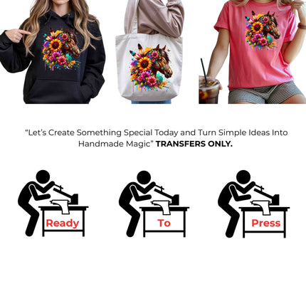 Boho Sunflower Spirit Horse 6-Pack Bundle – 3 Eco-Solvent + 3 Sublimation Iron on Transfers - Ready to Press (Iron on Transfers Only)