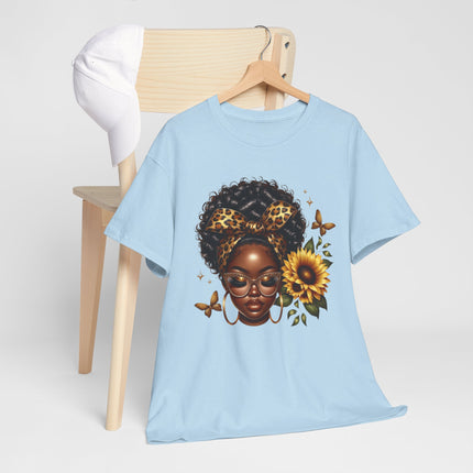 Afro Sunflower Tee — Black Woman Headwrap Graphic T-Shirt