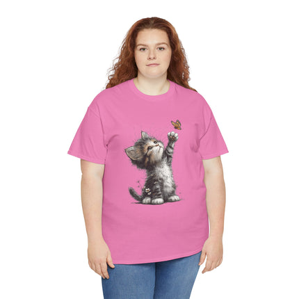 Whimsical Spring Cat #5 - Kitten Reaching for Butterfly Tee | Cute Cat Illustration Shirt