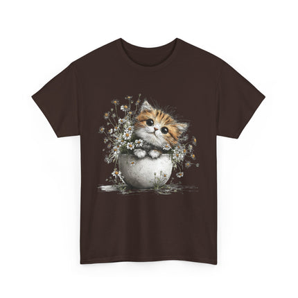 Whimsical Spring Cat #7 - Kitten Reaching for Butterfly Tee | Cute Cat Illustration Shirt