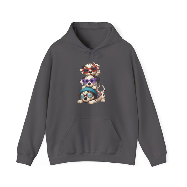 Cute Stacked Puppies Hoodie – Colorful Sunglass Dog Trio Pullover