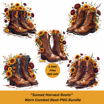 Sunset Harvest Boots PNG – 5 Fall Floral Combat Clipart Files Digital File Style-Junction Custom Designs & Prints
