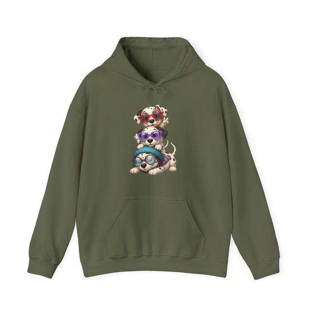 Cute Stacked Puppies Hoodie – Colorful Sunglass Dog Trio Pullover