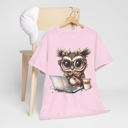 Cute Owl Working at Laptop T-Shirt — Coffee Lover Graphic Tee