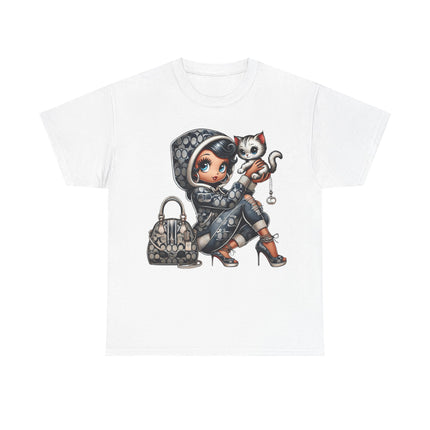 Retro Fashion Doll Tee with Cat – Cute Big Eye Cartoon Streetwear Graphic T-Shirt for Women Trendy Urban Style Top