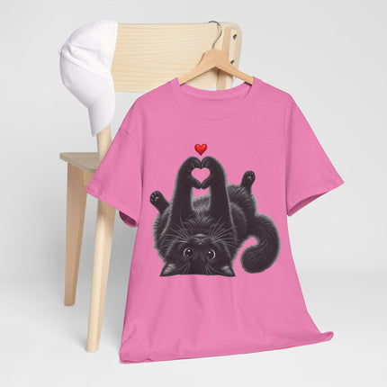 Cat Heart Tee — Cute Black Cat Lying Upside Down with Heart Graphic