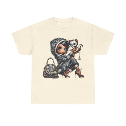 Retro Fashion Doll Tee with Cat – Cute Big Eye Cartoon Streetwear Graphic T-Shirt for Women Trendy Urban Style Top