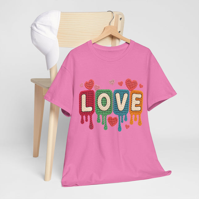 Faux Yarn "LOVE" Drip Graphic Tee — Colorful Retro Heart Design