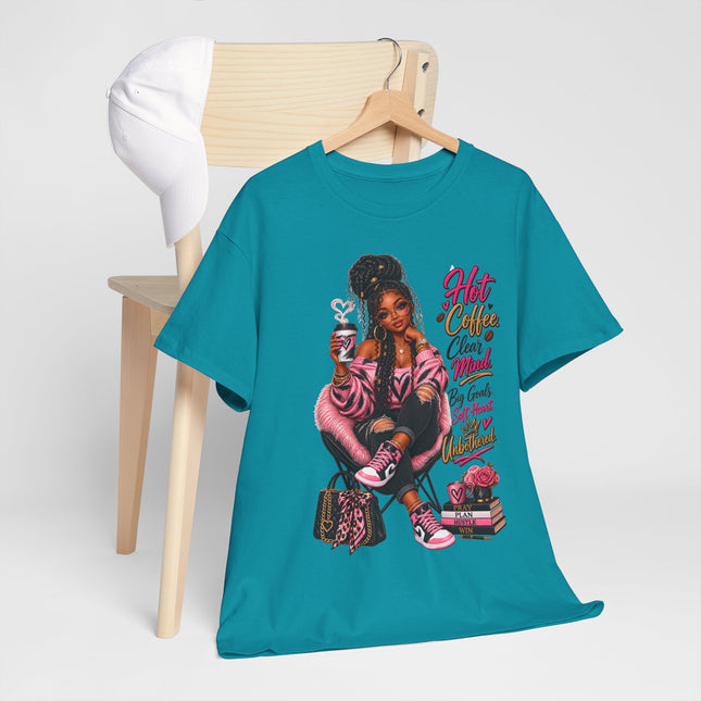 Graphic Tee — “Hot Cocoa, Close Friends, Big Goals” Pink Girl Illustration Shirt