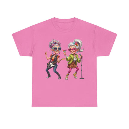 Senior Rock Duo Graphic Tee — Retro Grandmas Singing & Playing Guitar