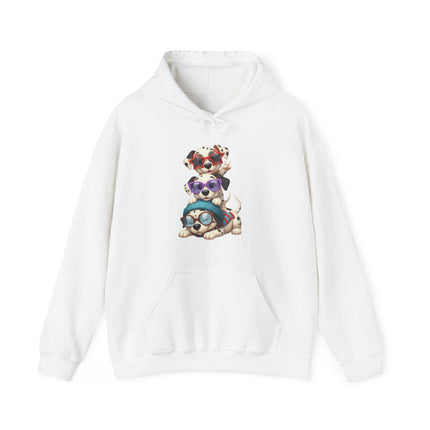 Cute Stacked Puppies Hoodie – Colorful Sunglass Dog Trio Pullover