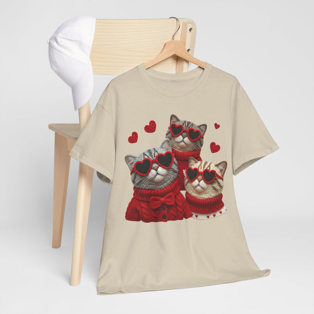 Faux Yarn "Cool Kittens"  T-Shirt — Trio of Cute Cats in Heart Sunglasses