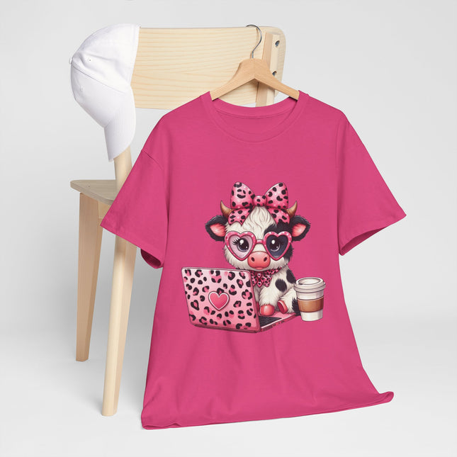 Cow With Laptop T-Shirt — Cute Pink Leopard Cow Working on Laptop with Coffee Tee