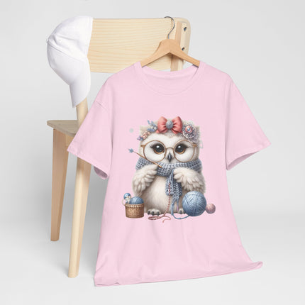 Cute Knitting Owl T-Shirt, Adorable Owl with Yarn and Needles, Cozy Craft Lover Gift Tee, Crochet Knitter Graphic Shirt