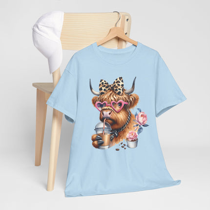 Cute Highland Cow Tee with Heart Sunglasses, Leopard Bow & Coffee — Cow Mom Gift