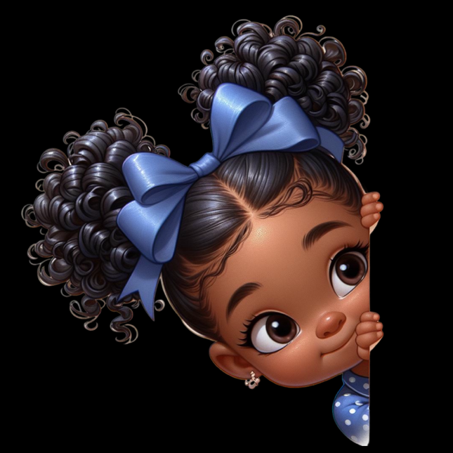 Peekaboo Girls #4 Heat Transfers by Style Junction Custom Digital Designs featuring a playful girl with curly hair and blue bow.