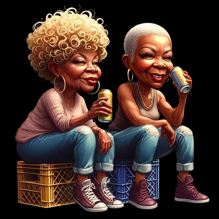 Sista's Just Chilling Eco Solvent Heat Transfer by Style Junction Custom Digital Designs featuring two stylish women relaxing with drinks.