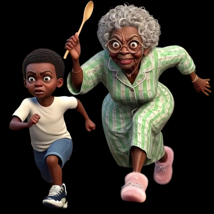 Funny Grandma Chasing Boy Cartoon PNG design by Style Junction Custom Digital Designs, exclusive creative artwork for apparel graphics.