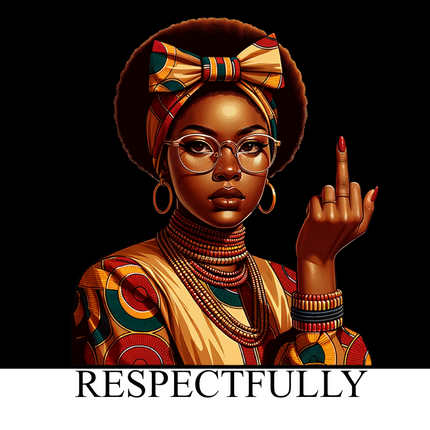 Respectfully Heat Transfer #2 by Style Junction Custom Digital Designs features a confident woman in vibrant African print attire.