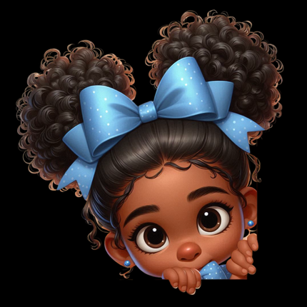 Peekaboo Girls #3 Heat Transfers by Style Junction Custom Digital Designs featuring a playful girl with curly hair and blue bows.
