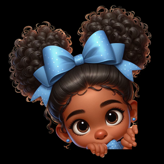 Peekaboo Girls #3 Heat Transfers by Style Junction Custom Digital Designs featuring a playful girl with curly hair and blue bows.