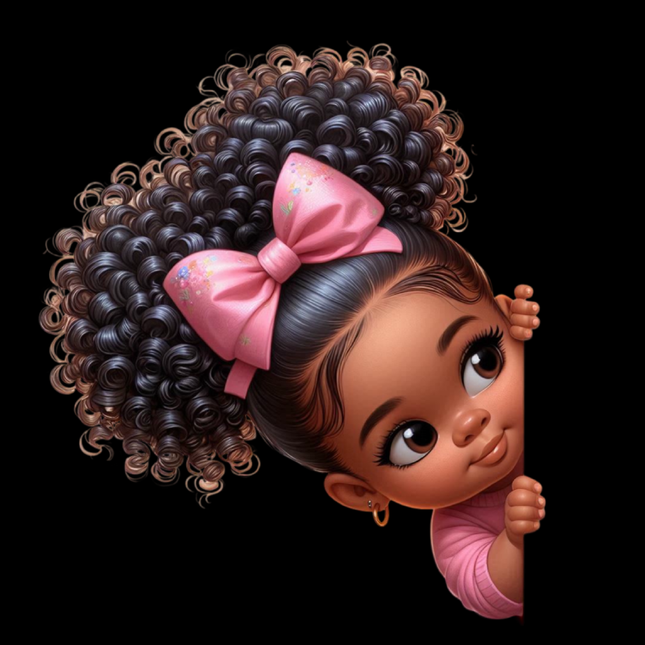 Peekaboo Girls #6 Heat Transfer by Style Junction Custom Digital Designs features a curly-haired girl with a pink bow, ready to press.