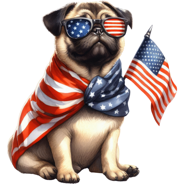Pug Holding Flag in Shades – DTF Heat Transfer DTF Transfers Style Junction – Custom Digital Designs & Apparel