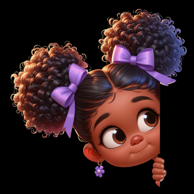 Peekaboo Girls #2 Heat Transfers by Style Junction Custom Digital Designs, featuring a playful girl with curly hair and purple bows.