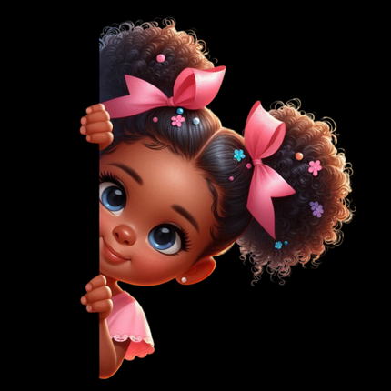 Peekaboo Girls #17 Heat Transfers by Style Junction Custom Digital Designs, featuring a curious girl with curly hair and bows.