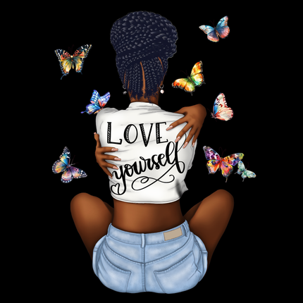 Love Yourself Butterfly Heat Transfer by Style Junction Custom Digital Designs features a woman embraced with vibrant butterflies.