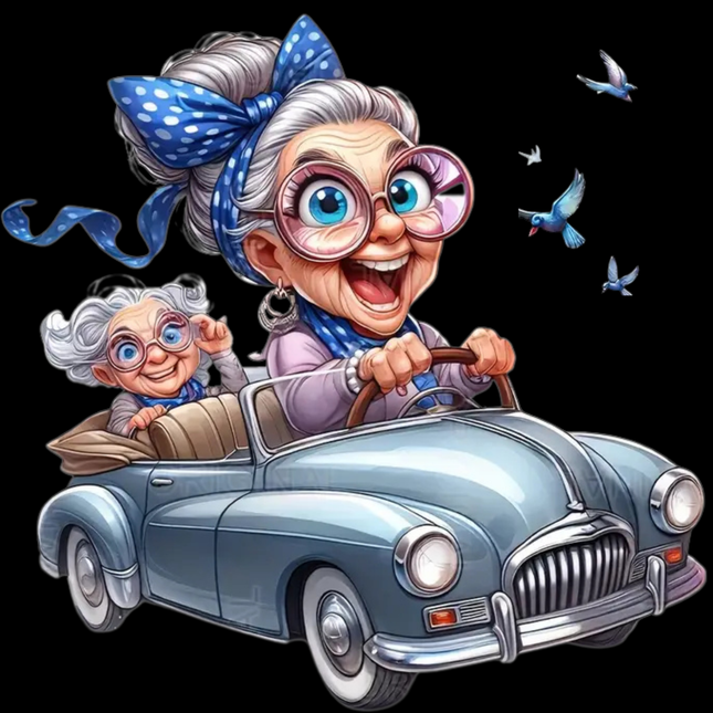 Funny Grandma Driving Car Cartoon Eco Solvent Heat Transfer by Style Junction Custom Digital Designs, exclusive vibrant ready to press PNG.