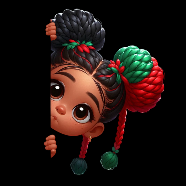 Peekaboo Girls #9 Heat Transfers by Style Junction Custom Digital Designs, featuring a curious girl with braided hair in red and green accents.