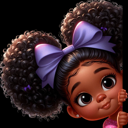 Peekaboo Girls #16 Heat Transfers by Style Junction Custom Digital Designs features a playful girl with curly hair and purple bows.