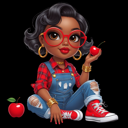 Cherry Girl Clipart Eco Solvent Heat Transfer by Style Junction Custom Digital Designs featuring stylish girl with cherries and red plaid overalls.