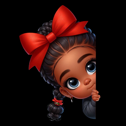 Peekaboo Girls #14 Heat Transfers by Style Junction Custom Digital Designs featuring a playful girl with big eyes and red bows.