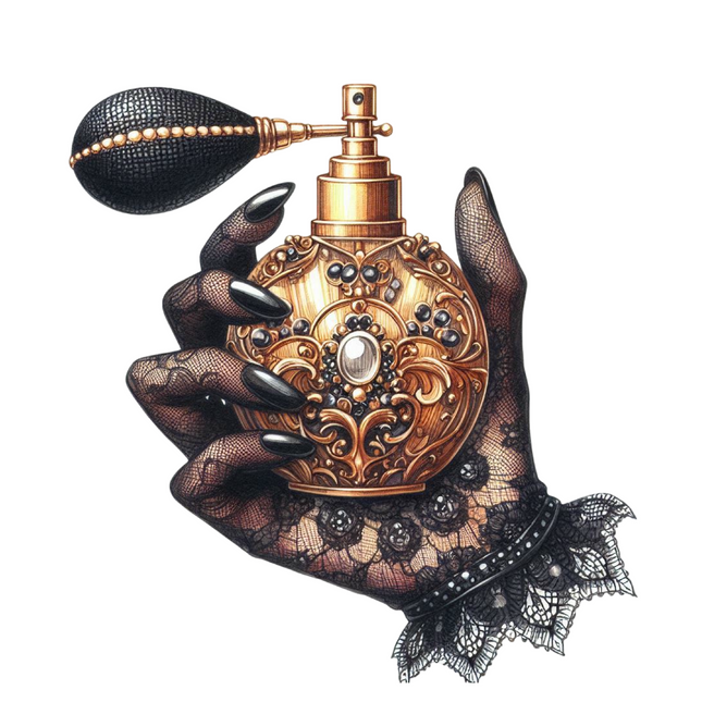 Gothic Perfume Bottle in Lace Hand – DTF Heat Transfer DTF Transfers Style Junction – Custom Digital Designs & Apparel