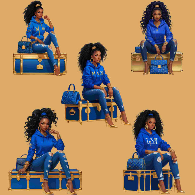 Afro Diva in Blue Luxe Hoodie – PNG Bundle of 5 Digital File Style Junction – Custom Digital Designs & Apparel